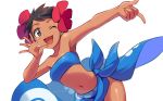  ;3 ;d bare_arms bare_shoulders black_hair blue_eyes breasts dark_skin elite_four floral_print flower fuyou_(pokemon) hair_flower hair_ornament navel one_eye_closed open_mouth pokemon pokemon_(game) pokemon_rse red_flower sarong sayshownen short_hair simple_background small_breasts smile solo strapless tubetop very_short_hair white_background 