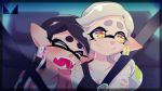  2girls alternate_hairstyle aori_(splatoon) black_hair black_shirt brown_eyes chichi_band closed_eyes closed_mouth commentary_request cousins drooling earrings fangs hair_down head_on_another's_shoulder hotaru_(splatoon) jewelry leaning_on_person mole mole_under_eye multiple_girls open_mouth pink_shirt saliva seatbelt shirt side-by-side sleeping smile splatoon_(series) vehicle_interior watch watermark wristwatch 