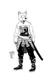  2017 ambiguous_gender anthro artsenix canine clothed clothing dog english_text footwear hi_res katana mammal melee_weapon shiba_inu shoes signature simple_background solo standing sweater sword text traditional_media_(artwork) weapon 