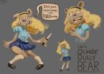  2017 4_fingers anthro bear blonde_hair blue_eyes braces breasts brown_fur bully candy clothed clothing deersun english_text female food footwear fully_clothed fur grey_background grin hair hairband holding_object knife krista_(ishi) legwear lollipop long_hair looking_at_viewer mammal mouth_hold shoes simple_background skirt smile socks solo standing teeth text 