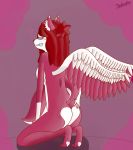  &lt;3 anthro beagoodone blue_tongue breasts butt ear_tuft fangs feathered_wings feathers female fur gloves_(marking) hair half_vampire hypnosed kneeling koyu_ruh markings nude pink_fur red_hair solo soloe tuft wings 