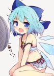  :o baku-p between_legs bikini bikini_skirt blue_bikini blue_eyes blue_hair blue_swimsuit bow cirno commentary_request electric_fan fang hair_bow hand_between_legs highres open_mouth ribbon short_hair sitting solo strap_slip swimsuit touhou 