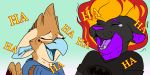  2018 animated anthro clothed clothing digital_media_(artwork) duo feline female fur grumpy_griffin_creations_(artist) laugh male male/female mammal no_sound open_mouth reaction_image simple_background smile 