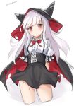  absurdres anchor_symbol arms_behind_back azur_lane bangs black_cape black_skirt blush bow bowtie cape commentary_request erebus_(azur_lane) eyebrows_visible_through_hair frills highres hood hooded_cape karumayu long_hair looking_at_viewer red_eyes red_neckwear shirt simple_background skirt solo twitter_username white_background white_hair white_shirt 