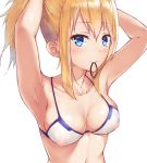  armpits artoria_pendragon_(all) blonde_hair blue_eyes blush breasts cleavage covered_nipples eyebrows_visible_through_hair fate/grand_order fate_(series) looking_at_viewer medium_breasts medium_hair mysterious_heroine_xx_(foreigner) nipples prpr_friends see-through simple_background solo swimsuit tying_hair 