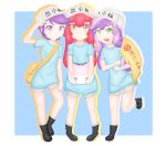  3girls apple_bloom blue_background boots child flag full_body green_eyes grin hat hataraku_saibou holding holding_flag multicolored_hair multiple_girls my_little_pony open_mouth oversized_clothes pink_hair platelet_(hataraku_saibou)_(cosplay) purple_eyes purple_hair red_eyes red_hair scootaloo shirt shorts simple_background smile standing standing_on_one_leg sweetie_belle t-shirt 