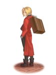  antenna_hair black_footwear black_pants blonde_hair boots carrying_over_shoulder coat edward_elric expressionless eyebrows_visible_through_hair from_behind full_body fullmetal_alchemist gloves hand_in_pocket highres light_smile looking_back male_focus pants red_coat shadow simple_background standing suitcase tabixneko white_background yellow_eyes 