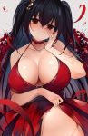  absurdres azur_lane bangs bare_shoulders black_hair blush breasts choker cleavage cocktail_dress collarbone commentary dress dress_lift flower grey_background grin hair_between_eyes hair_ornament hand_on_own_cheek highres hips large_breasts long_hair looking_at_viewer navel netarou petals red_choker red_dress red_eyes smile solo taihou_(azur_lane) twintails very_long_hair 