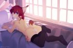  2018 anthro bed brown_fur butt clothing digital_media_(artwork) drawing ear_tuft feline female fur hair iskra kordi legwear looking_at_viewer lying lynx mammal markings nude paws pencil_(disambiguation) pussy red_hair solo stockings tuft 