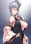  bare_shoulders braid breasts commentary_request dress fate/grand_order fate_(series) french_braid fur_coat highres jewelry large_breasts nakamura_regura necklace penthesilea_(fate/grand_order) shining_skyscrapers sidelocks silver_hair smile upper_body yellow_eyes 