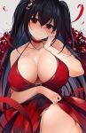  absurdres azur_lane bad_revision bangs bare_shoulders black_hair blush breasts choker cleavage cocktail_dress collarbone commentary downscaled_revision dress dress_lift flower grey_background grin hair_between_eyes hair_ornament hand_on_own_cheek highres hips large_breasts long_hair looking_at_viewer md5_mismatch navel netarou petals red_choker red_dress red_eyes smile solo taihou_(azur_lane) twintails very_long_hair 
