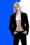  abs bare_chest blue_background cigarette coat commentary covering covering_breasts eyebrows gyeoggi_3_ban hands_in_pockets highres korean_commentary lipstick makeup maria_dacascos muscle muscular_female pipi(egooegoo000) shadow shirtless silver_hair white_background 