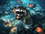  2018 ambiguous_gender aquasixio black_nose coin detailed_background digital_media_(artwork) feral fish fur grey_eyes grey_fur group mammal marine partially_submerged procyonid raccoon water 