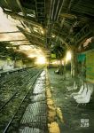  billboard chair clock cloud empty messy no_humans original overgrown post-apocalypse railroad_tracks real_world_location revision ruins scenery shibuya_(tokyo) signature sky sunlight tactile_paving tokyo_(city) tokyogenso train_station 