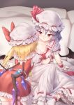  arm_support ascot ass back_cutout bangs bat_wings bed blue_hair blush bow clenched_hand collarbone commentary cowboy_shot crystal dress eyebrows_visible_through_hair feet_out_of_frame flandre_scarlet frilled_shirt_collar frills from_behind hair_between_eyes hat hat_bow hat_ribbon highres incest indoors knee_up kneeling long_hair looking_at_another miniskirt minust mob_cap multiple_girls no_shoes nose_blush off_shoulder one_side_up parted_lips petticoat pillow puffy_short_sleeves puffy_sleeves red_bow red_eyes red_neckwear red_ribbon red_skirt red_vest remilia_scarlet ribbon ribbon-trimmed_dress ribbon_trim short_hair short_sleeves siblings sisters sitting skirt slit_pupils socks thighhighs thighs touhou vest white_dress white_hat white_legwear wings wrist_cuffs yellow_neckwear yuri zettai_ryouiki 