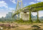  cityscape cloud day highres landmark minato_(tokyo) moon no_humans original overgrown real_world_location ruins scenery sky tokyo_(city) tokyo_rainbow_bridge tokyo_tower tokyogenso 