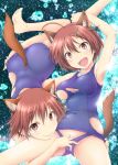  animal_ears arm_up ass ass_grab blue_swimsuit brave_witches brown_eyes brown_hair closed_mouth commentary_request covered_navel dog_ears dog_tail eyebrows_visible_through_hair hair_ornament hairclip hand_under_clothes hand_under_swimsuit highres iwami_kyuuto karibuchi_hikari lying miyafuji_yoshika multiple_girls old_school_swimsuit on_back on_stomach one-piece_swimsuit school_swimsuit short_hair star starry_background strike_witches swimsuit tail torn_clothes torn_swimsuit trait_connection world_witches_series 