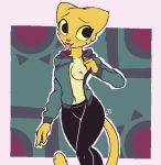  2018 anthro blep blush breasts clothed clothing feline female fur katia_managan khajiit mammal nipples one_breast_out prequel presenting raydio simple_background smile solo teasing the_elder_scrolls tongue tongue_out video_games yoga_pants 