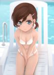  3d bare_shoulders bikini blue_eyes blush breasts brown_hair chair cleavage closed_mouth collarbone day gegege_no_kitarou hair_ornament hairclip halterneck highres inuyama_mana looking_at_viewer lounge_chair medium_breasts navel o-ring o-ring_bikini o-ring_top outdoors poolside short_hair short_ponytail siraha sitting solo swimsuit v_arms white_bikini 
