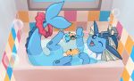 2018 3_toes ambiguous_gender bath bathtub bubble eeveelution enon feral happy hi_res inside looking_at_viewer lying mammal nintendo on_back one_eye_closed open_mouth partially_submerged pok&eacute;mon pok&eacute;mon_(species) solo toes toy vaporeon video_games water wet 