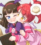  baozi biting blue_eyes blush book brown_hair cheek_biting fang food kurosu_aroma multiple_girls ponytail pretty_(series) pripara shiratama_mikan short_hair spoken_food tokunou_shoutarou yuri 