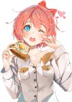  ;o artist_name blue_eyes blush bow breast_pocket collarbone commentary doki_doki_literature_club eyebrows_visible_through_hair eyes_visible_through_hair food food_on_face fried_egg fried_egg_on_toast hair_bow heart highres long_sleeves looking_at_viewer off_shoulder one_eye_closed pink_hair pocket red_bow sayori_(doki_doki_literature_club) shirt short_hair simple_background solo toast upper_body upper_teeth white_background white_shirt xhunzei 