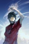  arm_up black_hair blue_sky chinese_clothes cloud day highres knite male_focus short_hair sketch sky solo speedpaint wenqing_yan wind 