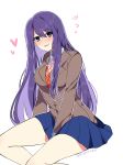  :d artist_name between_legs blue_skirt blush commentary doki_doki_literature_club english_commentary eyebrows_visible_through_hair eyes_visible_through_hair hair_between_eyes hand_between_legs heart highres jacket long_hair looking_at_viewer no_hairclip open_mouth outline pleated_skirt purple_eyes purple_hair savi_(byakushimc) school_uniform simple_background sitting skirt smile solo very_long_hair white_background white_outline yuri_(doki_doki_literature_club) 
