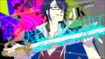  abstract bangs black-framed_eyewear fushimi_saruhiko glasses grin high_contrast holding holding_sword holding_weapon k_(anime) male_focus mzet purple_eyes purple_hair short_hair smile solo sword uniform weapon 