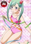  00s 1girl bare_legs blush breasts card_(medium) curvy female green_hair hair_ornament ikkitousen long_hair looking_at_viewer one-piece_swimsuit shiny shiny_skin shokatsuryou_koumei sitting small_breasts swimsuit twintails 