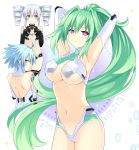  ahoge armpits arms_behind_head bare_shoulders black_sister blue_hair breast_envy breasts cleavage drill_hair elbow_gloves gloves green_eyes green_hair green_heart highres large_breasts long_hair looking_at_viewer looking_back multiple_girls navel neptune_(series) ponytail power_symbol purple_eyes red_eyes short_hair short_hair_with_long_locks smile symbol-shaped_pupils twin_drills white_hair white_heart zero_(ray_0805) 