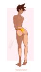  1girl ass back bare_legs barefoot brown_hair from_behind full_body looking_at_viewer looking_back overwatch piercing pink_background shiny shiny_skin short_hair simple_background smile soles solo standing sunglasses thong tirnanogindustries topless tracer_(overwatch) yellow_eyes 