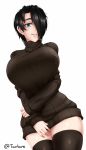  aqua_eyes artist_name black_hair black_legwear black_sweater breasts commentary cowboy_shot english_commentary hair_over_one_eye large_breasts looking_at_viewer original parted_lips ribbed_sweater saya_(twrlare) short_hair simple_background smile solo sweater thighhighs turtleneck twitter_username twrlare white_background zettai_ryouiki 