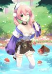  ;d artist_name atelier_(series) atelier_escha_&amp;_logy bangle basket binato_lulu blurry bracelet breasts cleavage collarbone day depth_of_field escha_malier eyebrows_visible_through_hair fence flower grass green_eyes hair_between_eyes hat jewelry long_hair looking_at_viewer low_twintails medium_breasts off_shoulder one_eye_closed open_mouth outdoors pink_hair skirt sleeves_past_wrists smile solo tail thighhighs twintails wading water white_hat white_legwear wooden_fence 
