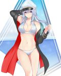  absurdres azur_lane bangs beach bikini black_coat breasts closed_mouth coat commentary_request cowboy_shot day enterprise_(azur_lane) eyebrows_visible_through_hair hair_between_eyes harmhaunters hat highres large_breasts long_hair looking_at_viewer ocean open_clothes open_coat peaked_cap purple_eyes silver_hair sleeveless smile solo swimsuit thighs white_hat 