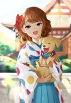  :o antweiyi architecture blue_eyes blue_kimono blurry blurry_background bow brown_hair curly_hair day east_asian_architecture hair_bow happy_new_year holding_dog japanese_clothes kimono medium_hair nengajou new_year open_mouth original outdoors polka_dot red_bow solo upper_body 
