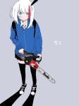  backpack bag bandaid bandaid_on_face black_backpack black_footwear blue_eyes blue_jacket blush chainsaw collared_shirt commentary_request eguchi_saan eguchi_saan's_red_highlight_girl flat_color full_body grey_background highres holding hood hooded_jacket jacket long_sleeves original shadow shirt shirt_under_jacket shoes short_hair simple_background sleeves_past_wrists sneakers solo standing thighhighs translation_request white_hair white_shirt zettai_ryouiki zipper 