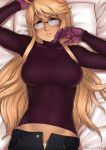  alma_(va-11_hall-a) arm_up artist_name blonde_hair blush breasts brown_eyes covered_navel finalcake glasses head_tilt large_breasts long_hair long_sleeves looking_at_viewer lying on_back over-rim_eyewear parted_lips red-framed_eyewear ribbed_sweater semi-rimless_eyewear solo sweater twitter_username unbuttoned_pants va-11_hall-a very_long_hair white_pillow 