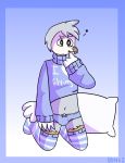  &lt;3 2018 anthro avian bds17 beak bird black_eyes blue_background blue_clothing bulge clothed clothing danny dodo eyebrows feathers girly gradient_background grey_feathers legwear male navel panties pillow simple_background socks solo sweater tongue tongue_out underwear white_feathers 