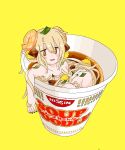  :d bangs beef blonde_hair blush brown_eyes collarbone commentary cup cup_ramen eguchi_saan food food_as_clothes full_body green_nails hair_between_eyes horns in_container in_cup in_food jitome knees_up long_hair minigirl nail_polish noodles nude open_mouth original prehensile_hair product_placement ramen shrimp shrimp_hair_ornament simple_background smile solo very_long_hair white_pupils yellow_background 