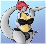  big_breasts blush breasts bulge clothing dickgirl fish gradient_background hair intersex lingerie long_tail looking_at_viewer marine navel one_eye_closed open_mouth red_eyes red_hair shark short_hair simple_background tehbuttercookie thick_tail wink 