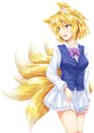  :d absurdres adapted_costume akiteru98 alternate_costume animal_ear_fluff animal_ears bangs blonde_hair blush bow bowtie breasts commentary contemporary cowboy_shot eyebrows_visible_through_hair fox_ears fox_tail hair_between_eyes highres long_sleeves looking_to_the_side medium_breasts miniskirt multiple_tails no_hat no_headwear open_mouth purple_bow purple_neckwear shiny shiny_skin shirt simple_background skirt smile solo standing tail thighs touhou white_background white_shirt white_skirt wing_collar yakumo_ran yellow_eyes 
