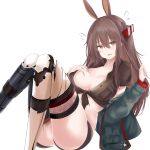  animal_ears ass bangs blush breasts brown_eyes brown_hair brown_shirt brown_shorts cleavage collarbone collared_shirt commentary_request damaged eyebrows_visible_through_hair eyes_visible_through_hair flying_sweatdrops girls_frontline hair_between_eyes hair_ornament hand_on_own_chest hand_up highres horse_ears jacket knees_up large_breasts long_hair looking_at_viewer mechanical_legs mole mole_under_eye no_bra off_shoulder open_mouth ru_zhai shirt short_shorts shorts sidelocks simple_background sitting thighs tied_shirt torn_clothes type_88_(girls_frontline) white_background 