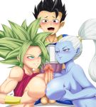  1boy 2girls blush breasts cabba_(dragon_ball) caulifla dragon_ball dragon_ball_super green_eyes green_hair high_ponytail huge_breasts licking licking_penis long_hair morris1611 multiple_girls nail_polish nipples nude open_mouth penis_grab puffy_nipples shiny shiny_skin simple_background smile vados_(dragon_ball) 