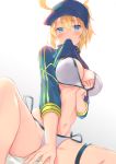  ahoge artoria_pendragon_(all) bangs baseball_cap between_legs bikini bikini_pull blonde_hair blue_eyes blue_hat blush breasts cleavage closed_mouth commentary covering covering_crotch dutch_angle eyebrows_visible_through_hair fate/grand_order fate_(series) from_below hair_between_eyes hair_through_headwear hand_between_legs hand_under_clothes hand_under_swimsuit hat highres large_breasts leg_ribbon legs long_hair long_sleeves looking_at_viewer mouth_hold mysterious_heroine_xx_(foreigner) navel nishin_(nsn_0822) ponytail ribbon shrug_(clothing) side-tie_bikini simple_background sitting sketch solo spread_legs stomach swimsuit thigh_strap thighs white_background white_bikini 