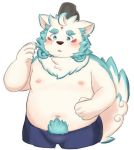  agyou belly belly_tuft blush clothed clothing hat kemonofluffy komainu male nipples shorts slightly_chubby tokyo_afterschool_summoners topless 
