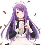  alternate_costume apron bow bowtie enmaided hatsukoi_zombie heart heart_hands highres ibusuki_ririto leaf long_hair long_sleeves looking_at_viewer maid maid_apron maid_headdress minenami_ryou official_art purple_eyes purple_hair red_bow red_neckwear solo spoilers wig yame_ririsu 