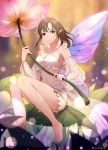  barefoot blurry blurry_background breasts brown_eyes brown_hair cleavage commentary_request detached_sleeves fairy flower highres holding holding_flower leaf medium_hair midriff navel original pointy_ears see-through sitting small_breasts smile solo soyubee twitter_username 