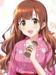  :d autumn_leaves bangs blunt_bangs blush bottle brown_hair collarbone commentary_request eyebrows_visible_through_hair floral_print hair_down head_tilt holding holding_bottle idolmaster idolmaster_cinderella_girls igarashi_kyouko japanese_clothes kimono leaf leaf_background long_hair long_sleeves looking_at_viewer natsuya obi open_mouth parted_bangs pink_kimono print_kimono sash shiny shiny_hair sidelocks smile solo striped striped_kimono tareme upper_body white_background yellow_eyes 