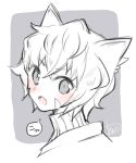  alternate_hairstyle animal_ears blush bodysuit cat_ears curly_hair looking_at_viewer lowres monochrome niyah shino_haruto short_hair simple_background solo translated xenoblade_(series) xenoblade_2 